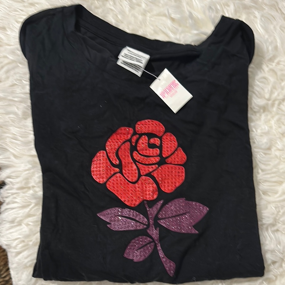 VS Pink Black Crop Top with Red Rose Design